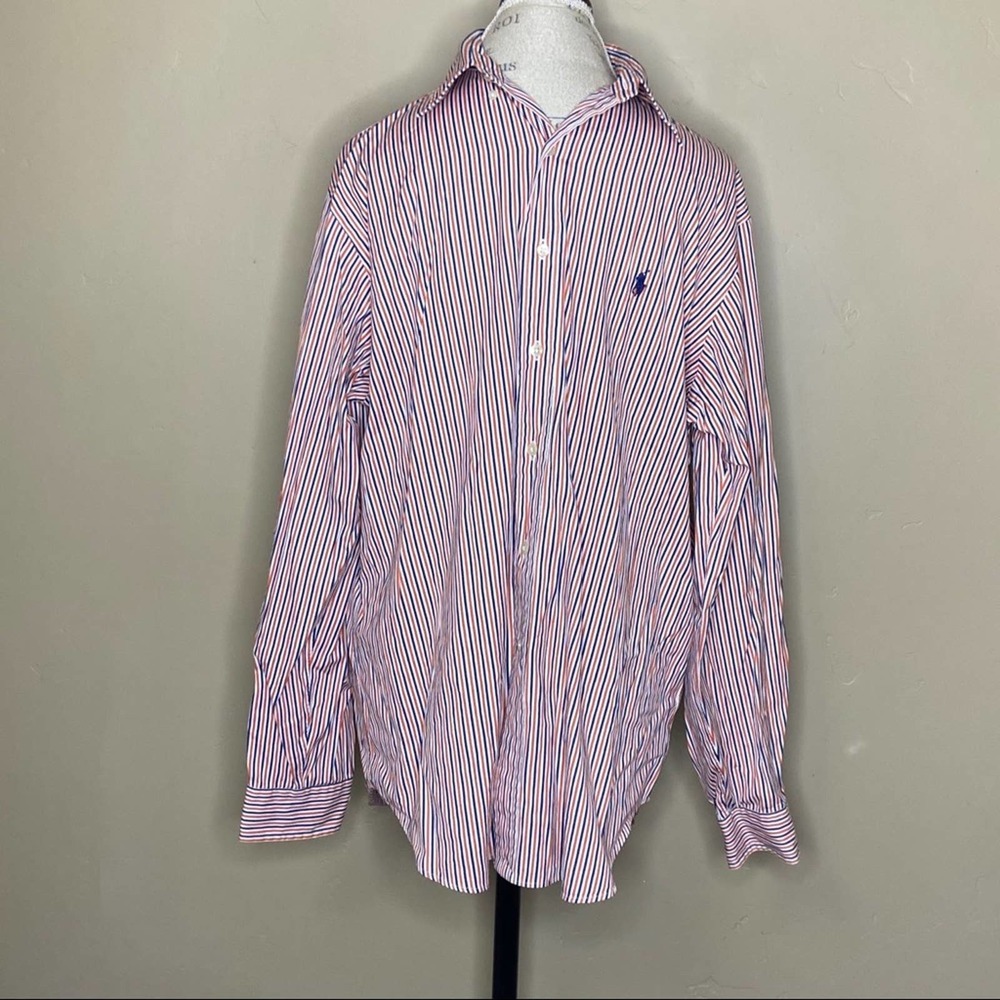 Ralph Lauren Classic Fit Size 16 1/2 34/35 Orange Blue White Striped Button Down